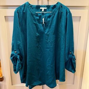 NWT Maurices Split Neck Teal Blouse with Roll Tab Sleeves Size XL Flowy Relaxed